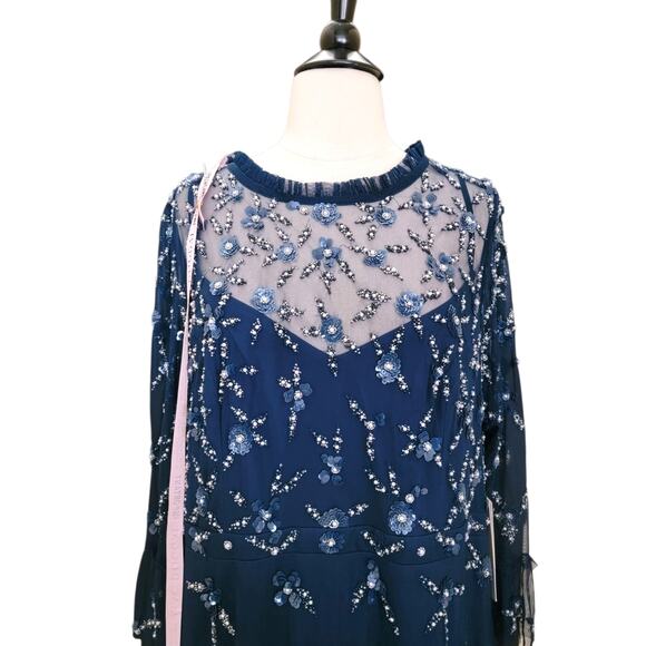 Mac Duggal 9263 Ocean Blue Navy Embellished Flutter Sleeve High Neck Gown 16W - Picture 5 of 9